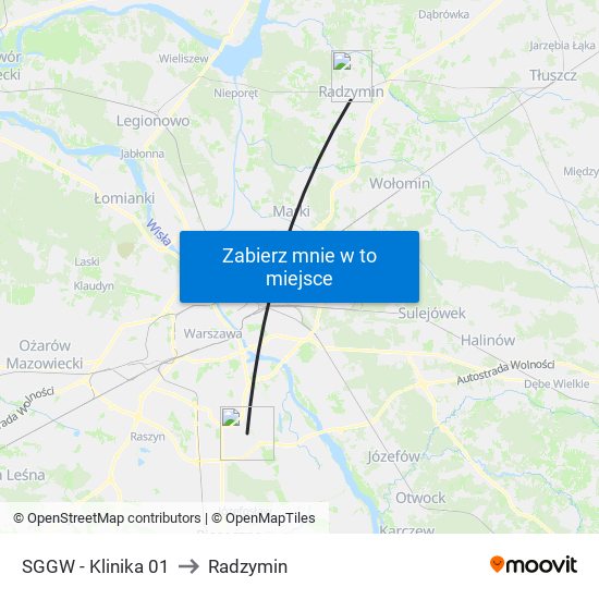 SGGW - Klinika 01 to Radzymin map