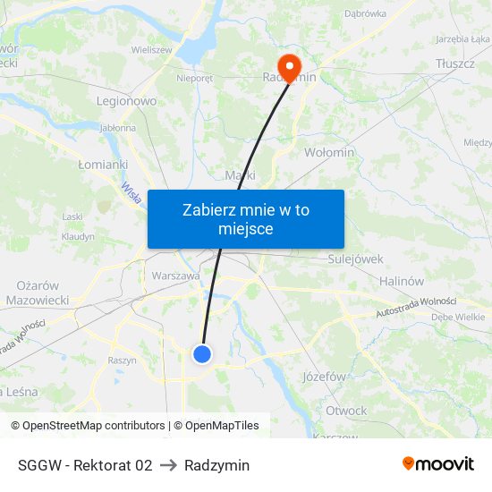 SGGW - Rektorat 02 to Radzymin map