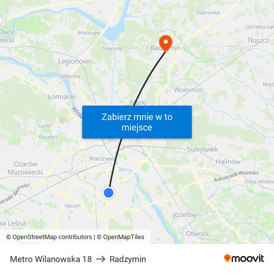 Metro Wilanowska 18 to Radzymin map