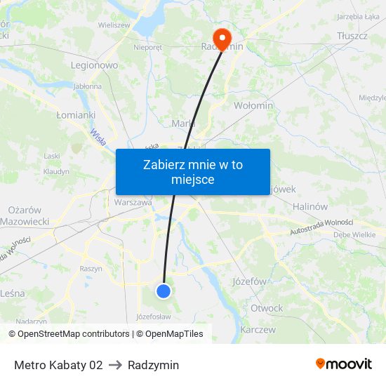 Metro Kabaty to Radzymin map