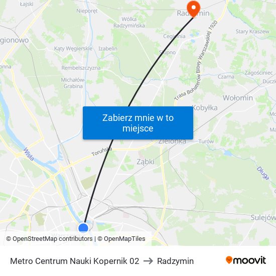 Metro Centrum Nauki Kopernik 02 to Radzymin map