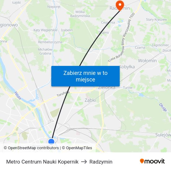 Metro Centrum Nauki Kopernik to Radzymin map