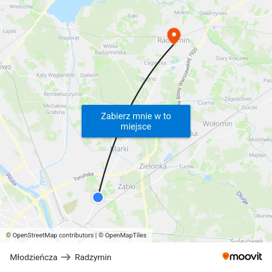 Młodzieńcza to Radzymin map