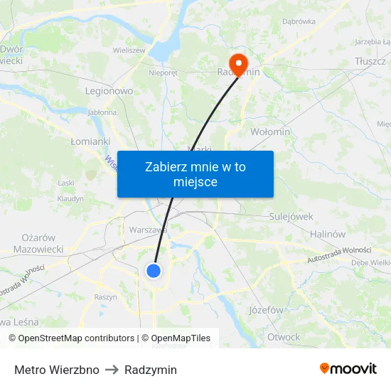 Metro Wierzbno to Radzymin map