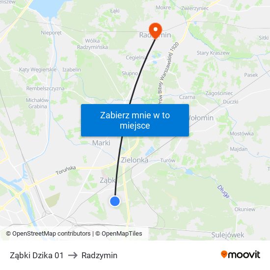 Ząbki Dzika 01 to Radzymin map