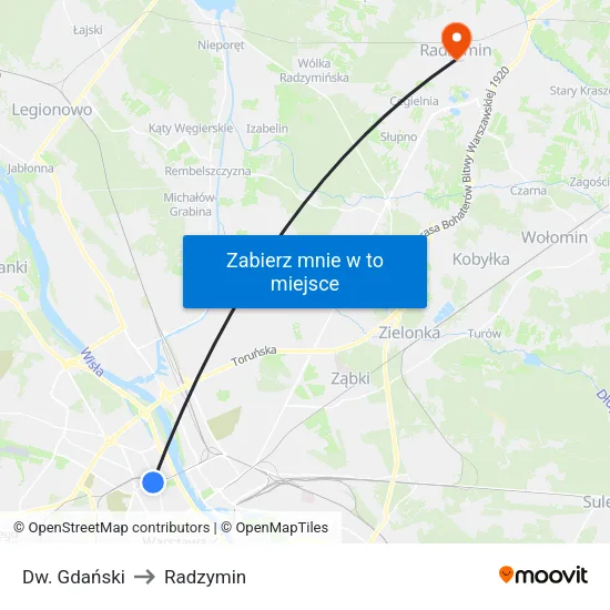 Dw. Gdański to Radzymin map