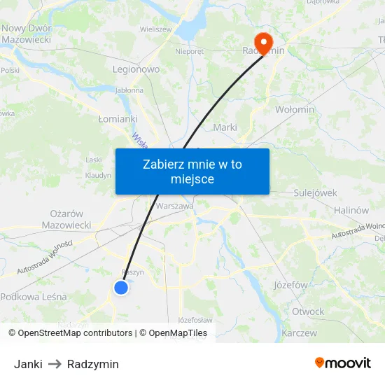 Janki to Radzymin map