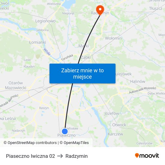 Piaseczno Iwiczna to Radzymin map