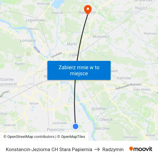 Konstancin-Jeziorna CH Stara Papiernia to Radzymin map