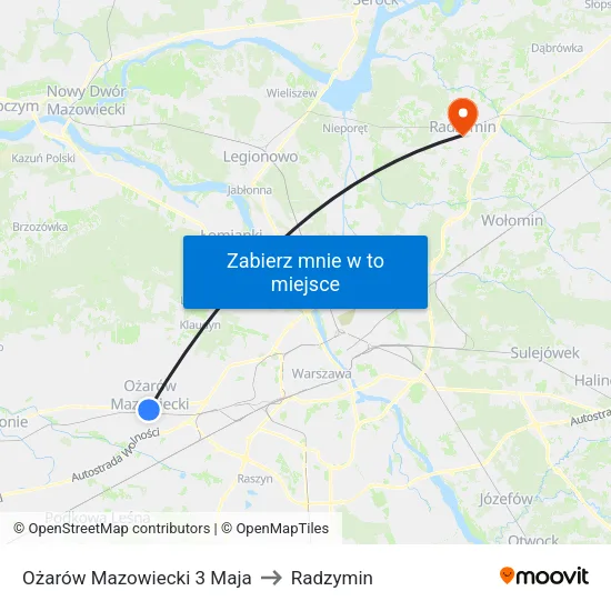 Ożarów Mazowiecki 3 Maja to Radzymin map