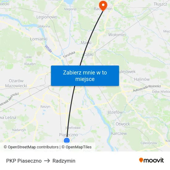 PKP Piaseczno to Radzymin map