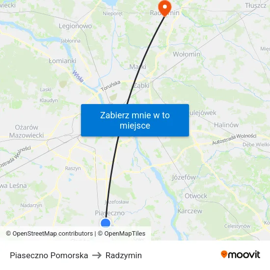 Piaseczno Pomorska to Radzymin map