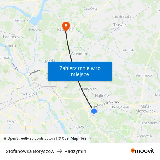 Stefanówka Boryszew to Radzymin map