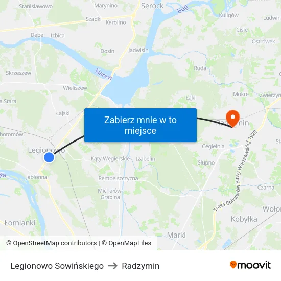 Legionowo Sowińskiego to Radzymin map