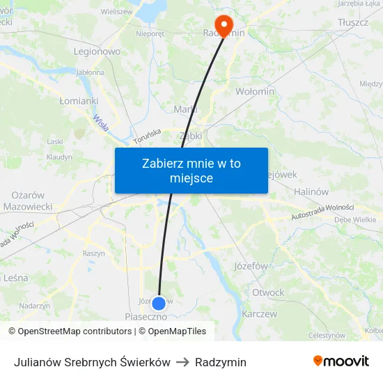 Julianów Srebrnych Świerków to Radzymin map