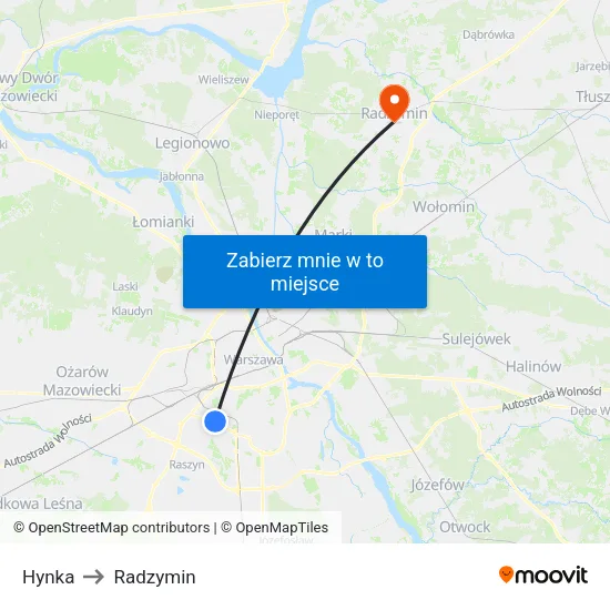 Hynka to Radzymin map
