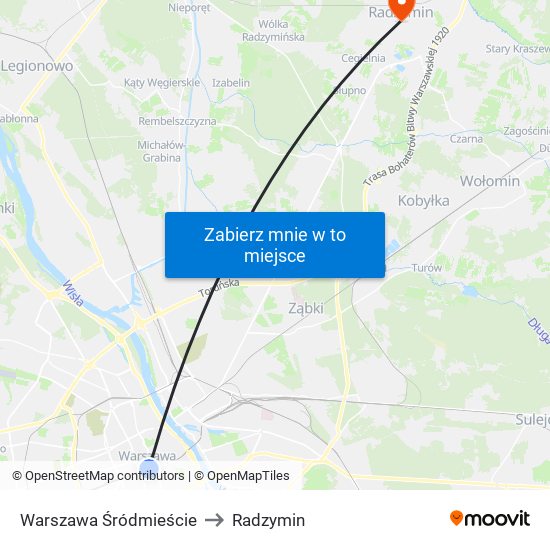 Warszawa Śródmieście to Radzymin map