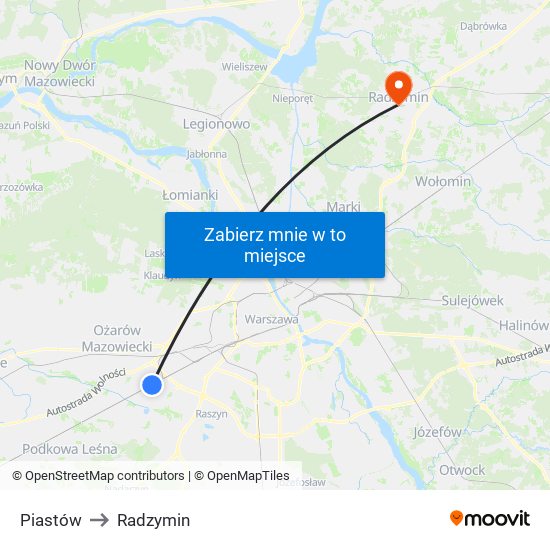 Piastów to Radzymin map