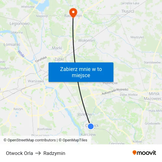 Otwock Orla to Radzymin map