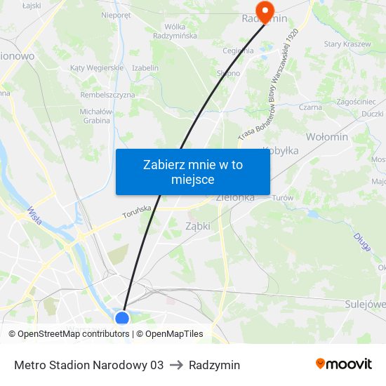 Metro Stadion Narodowy to Radzymin map