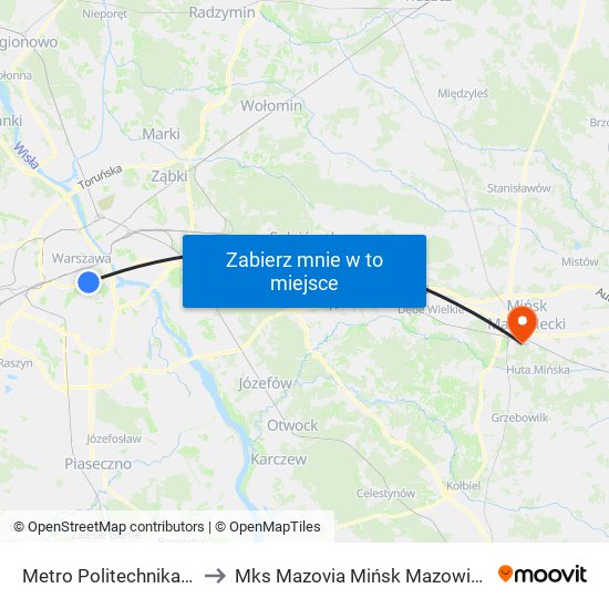 Metro Politechnika to Mks Mazovia Mińsk Mazowiecki map