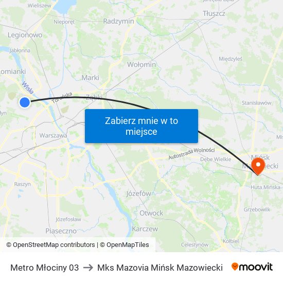 Metro Młociny 03 to Mks Mazovia Mińsk Mazowiecki map