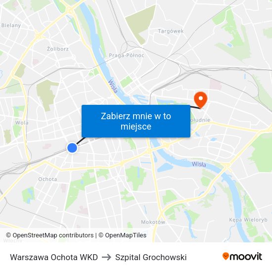 Warszawa Ochota WKD to Szpital Grochowski map