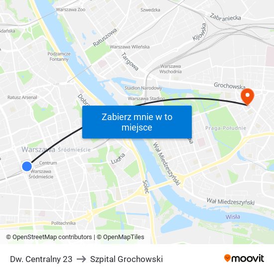 Dw. Centralny to Szpital Grochowski map