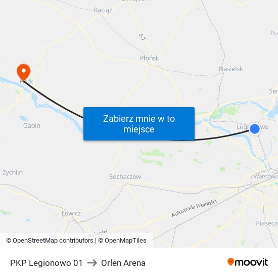 PKP Legionowo 01 to Orlen Arena map