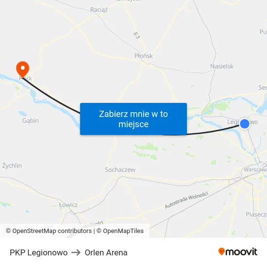 PKP Legionowo to Orlen Arena map