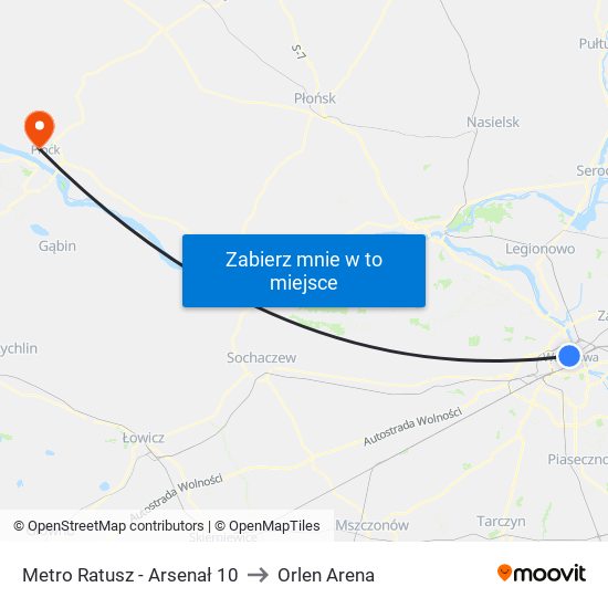 Metro Ratusz - Arsenał 10 to Orlen Arena map