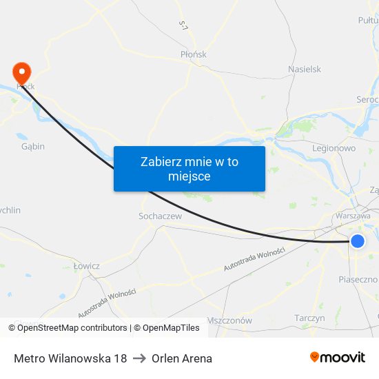 Metro Wilanowska 18 to Orlen Arena map