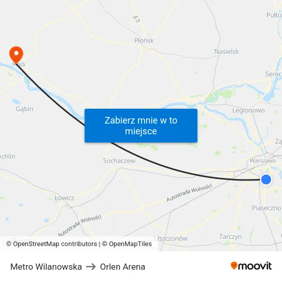 Metro Wilanowska to Orlen Arena map