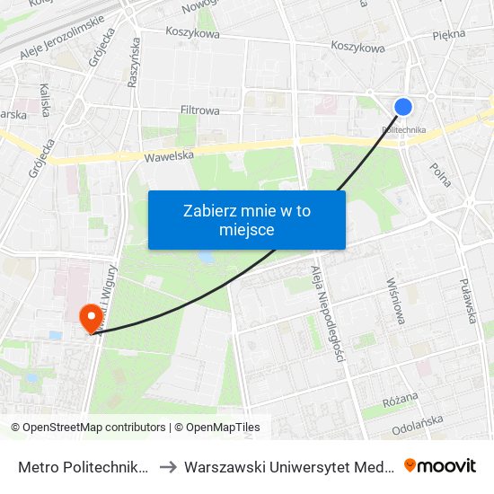 Metro Politechnika 07 to Warszawski Uniwersytet Medyczny map