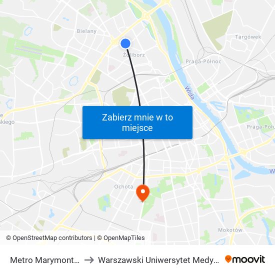 Metro Marymont to Warszawski Uniwersytet Medyczny map