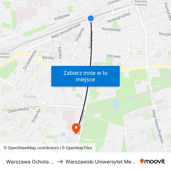 Warszawa Ochota WKD to Warszawski Uniwersytet Medyczny map