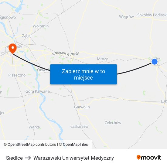 Siedlce to Warszawski Uniwersytet Medyczny map