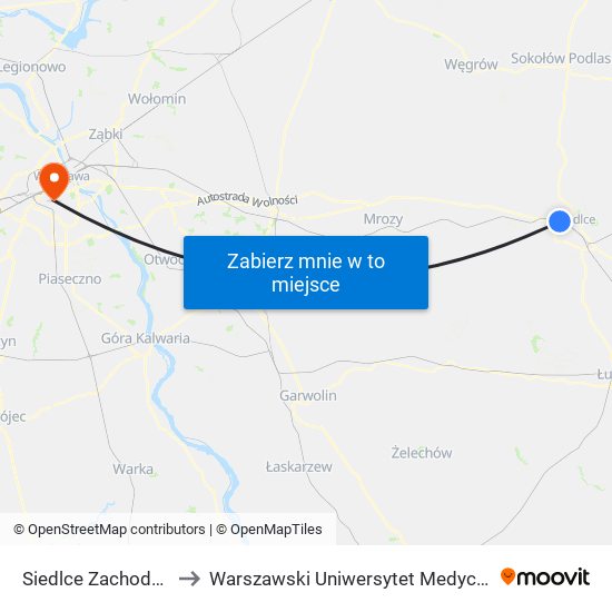 Siedlce Zachodnie to Warszawski Uniwersytet Medyczny map