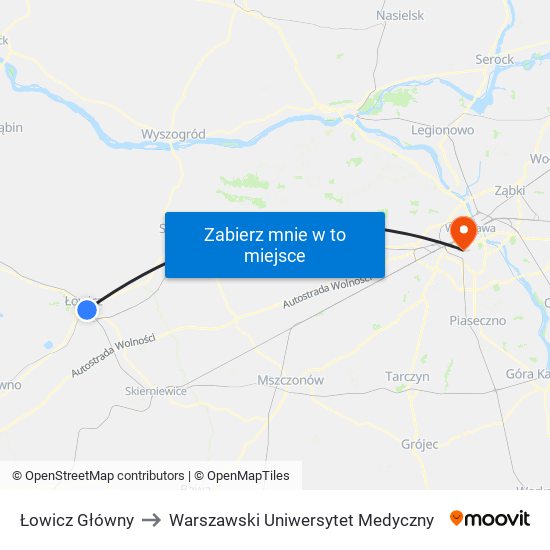 Łowicz Główny to Warszawski Uniwersytet Medyczny map
