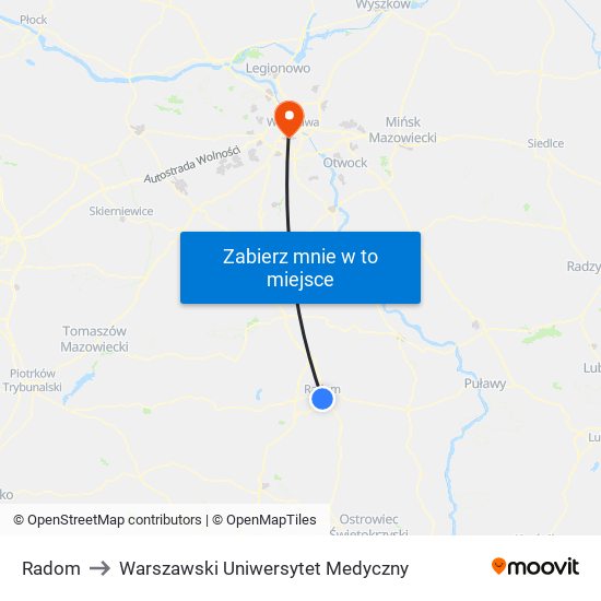 Radom to Warszawski Uniwersytet Medyczny map