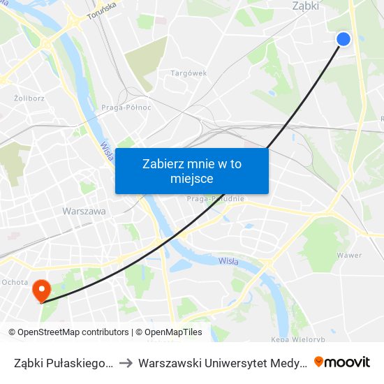 Ząbki Pułaskiego 01 to Warszawski Uniwersytet Medyczny map