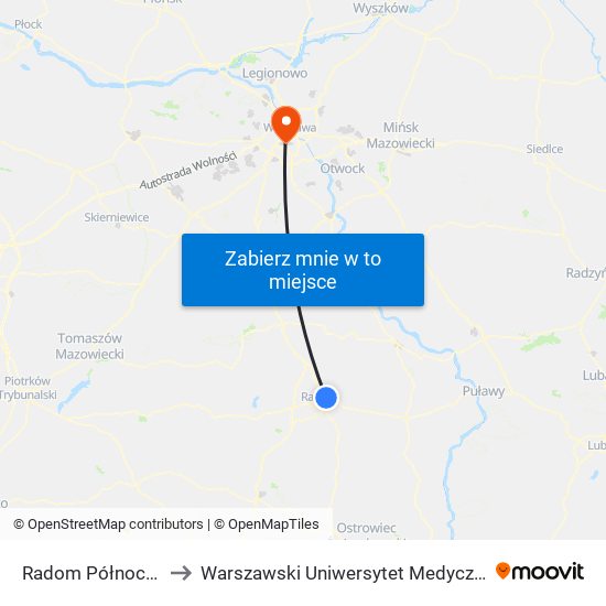 Radom Północny to Warszawski Uniwersytet Medyczny map