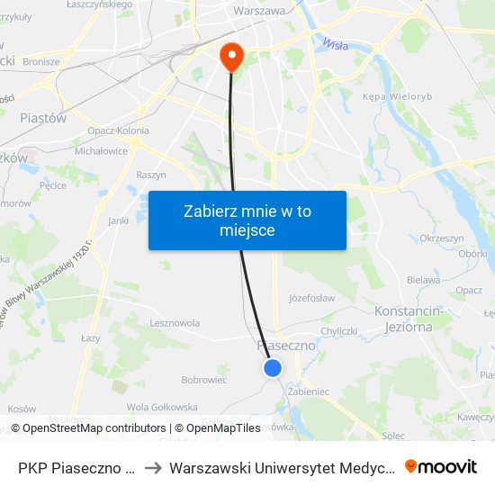 PKP Piaseczno to Warszawski Uniwersytet Medyczny map