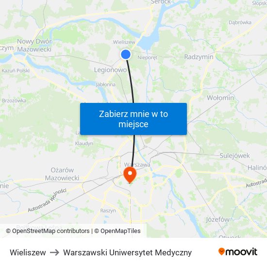 Wieliszew to Warszawski Uniwersytet Medyczny map