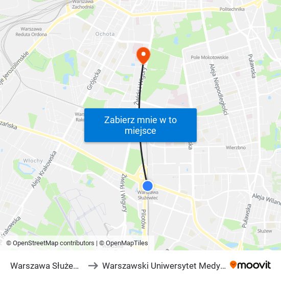 Warszawa Służewiec to Warszawski Uniwersytet Medyczny map