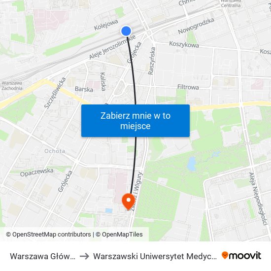 Warszawa Główna to Warszawski Uniwersytet Medyczny map