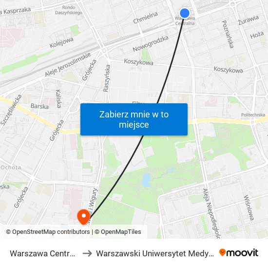 Warszawa Centralna to Warszawski Uniwersytet Medyczny map