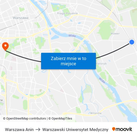 Warszawa Anin to Warszawski Uniwersytet Medyczny map