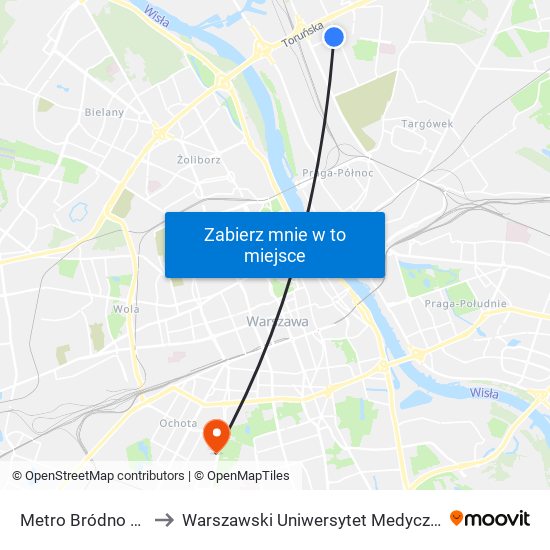 Metro Bródno 15 to Warszawski Uniwersytet Medyczny map