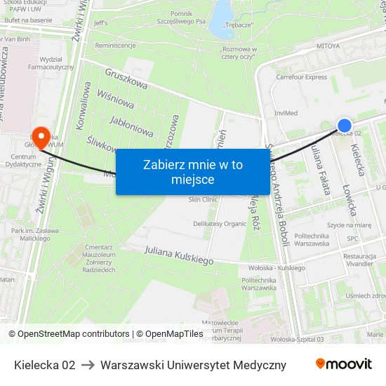 Kielecka 02 to Warszawski Uniwersytet Medyczny map